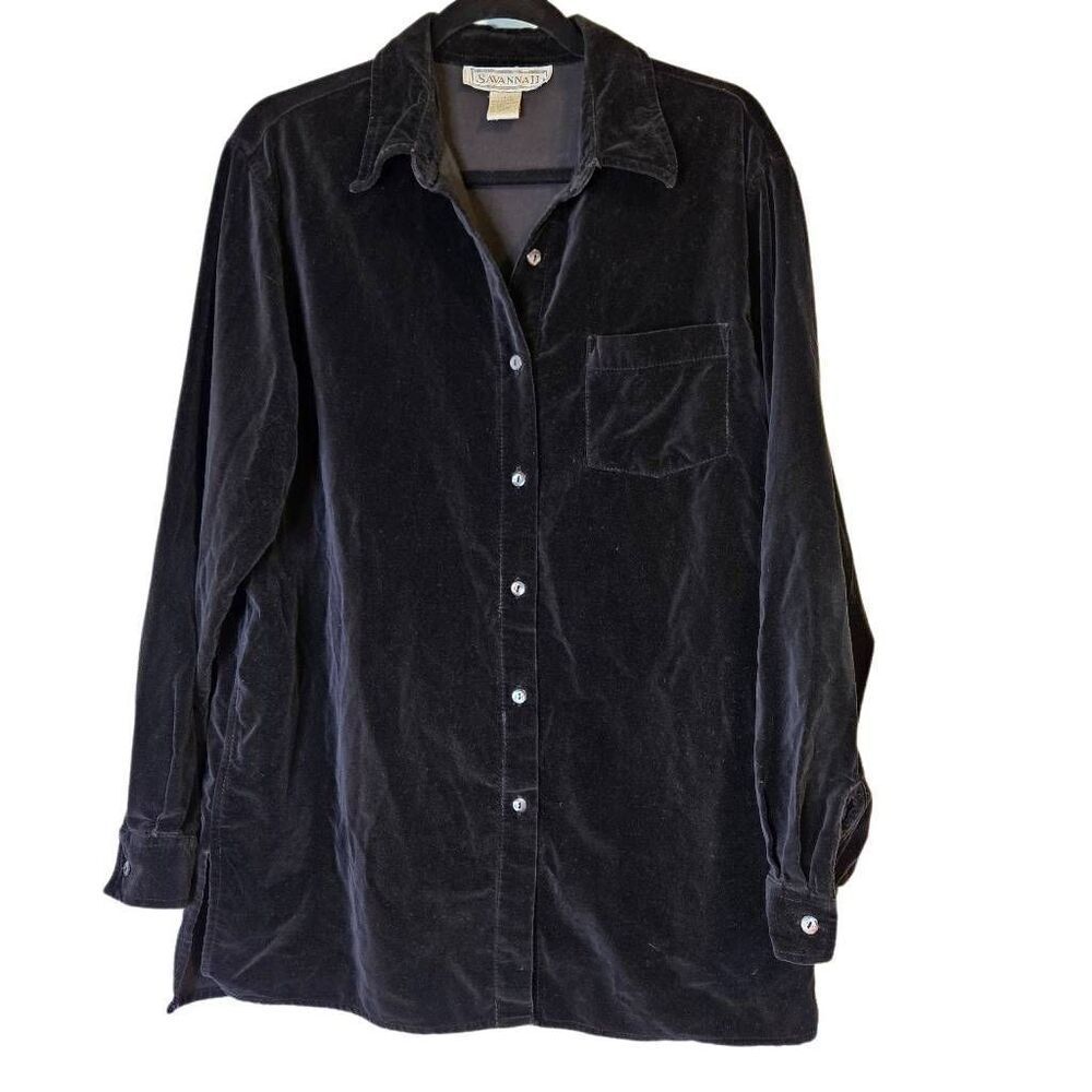 Savanna black velour button down top. Size L.   #931